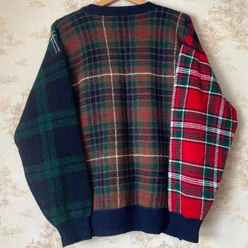 90s Thornton Bay Wool Patchwork Sweater | Intarsia Tartan Knit | Ivy | Large